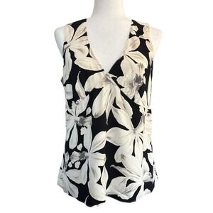 Banana Republic Black and Cream Floral Sleeveless V-Neck Blouse